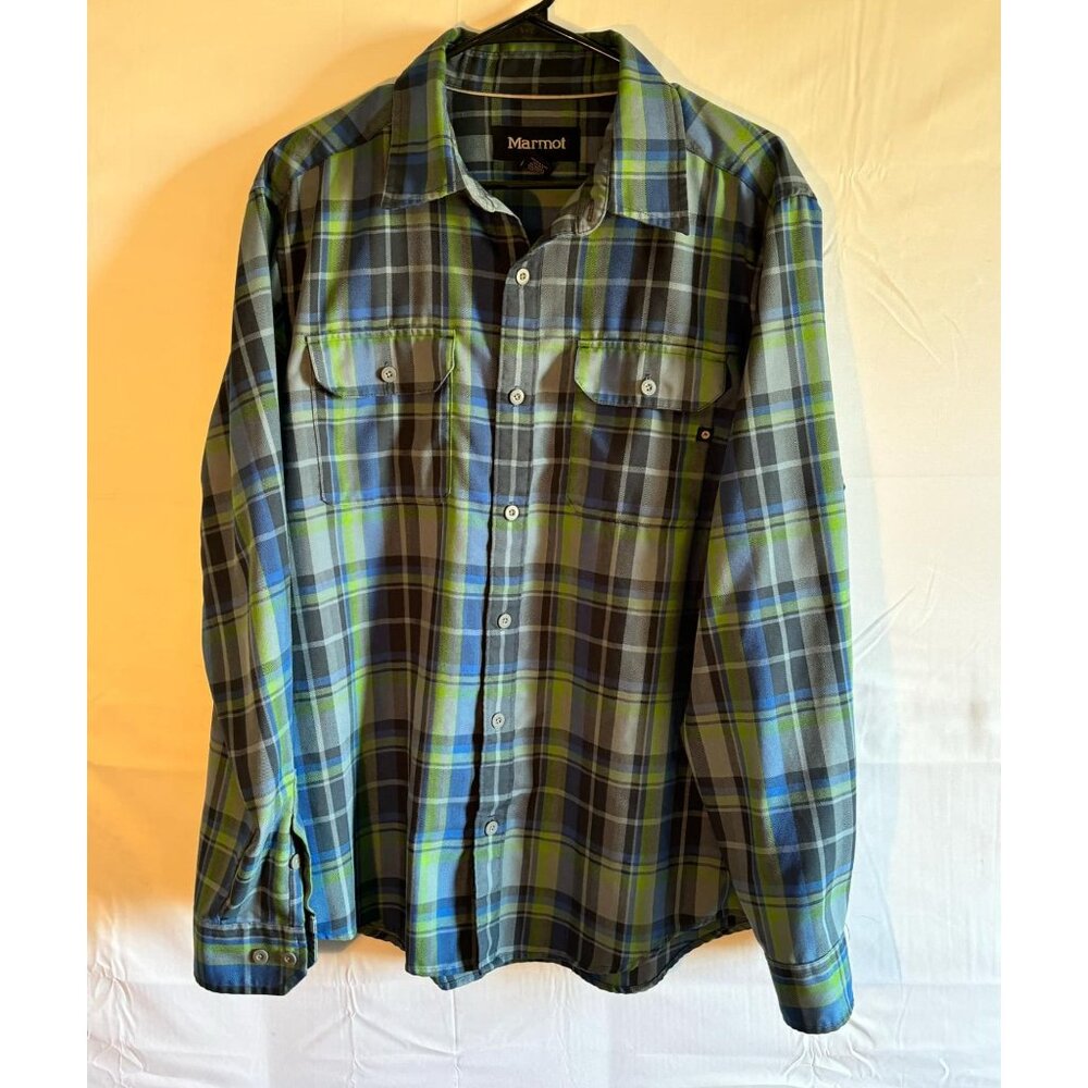 Marmot Mens Long Sleeve Plaid Button-Up Shirt L/G Blue & Green Checkered
